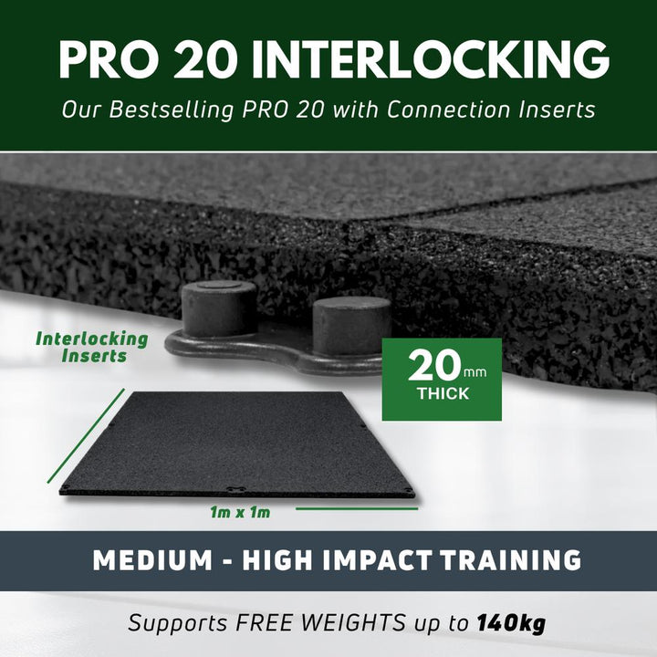 20mm PRO Interlocking Gym Tiles – Connection Inserts Included-Sprung Gym Flooring