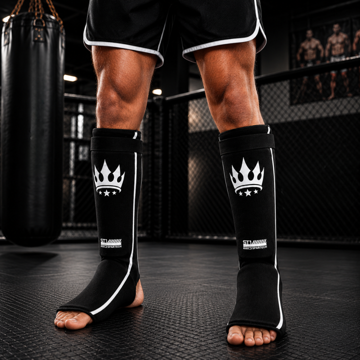 Playerz SparTech Lightweight Cotton Shin Guards - Black/White - Adults & Kids-Playerz Boxing