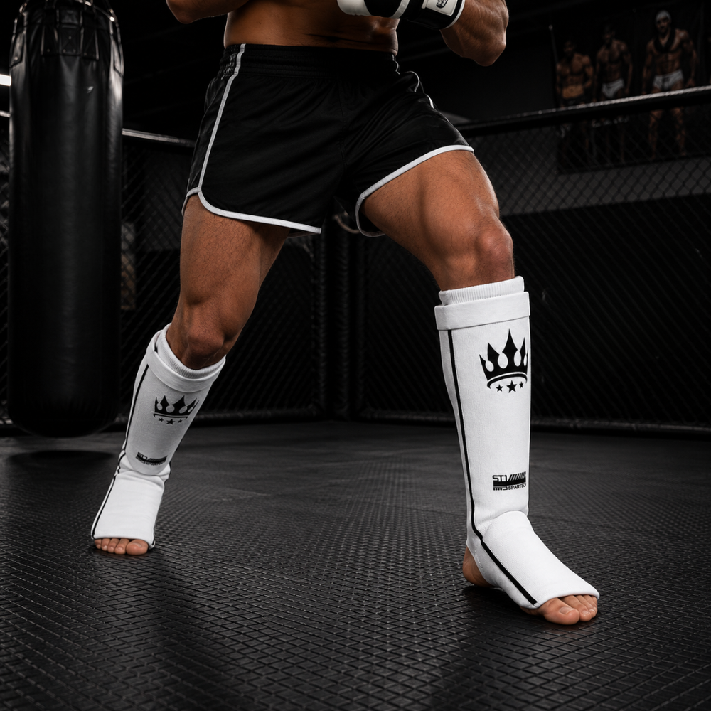 Playerz SparTech Lightweight Cotton Shin Guards - Whte/Black - Adult & Kids-Playerz Boxing
