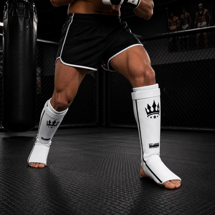 Playerz SparTech Lightweight Cotton Shin Guards - Whte/Black - Adult & Kids-Playerz Boxing