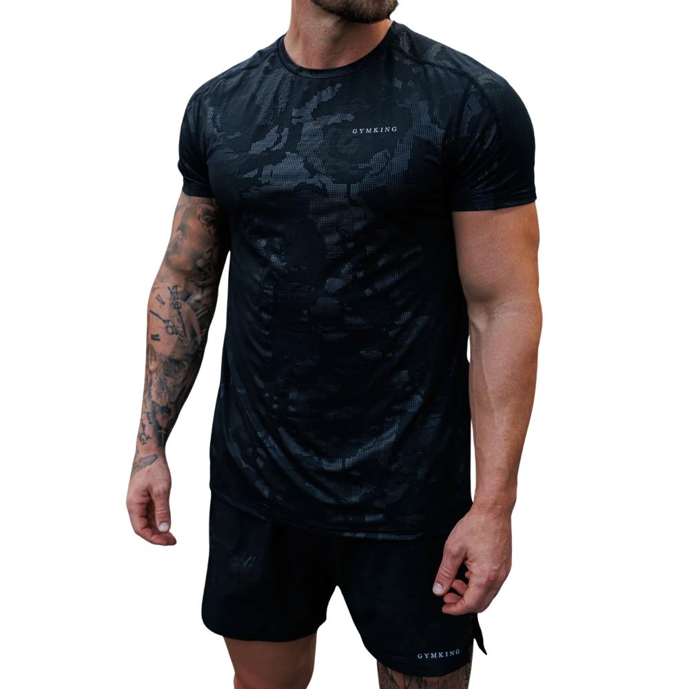 Gym King Debossed Camo Short Sleeve T-Shirt - Black-Fight Equipment UK