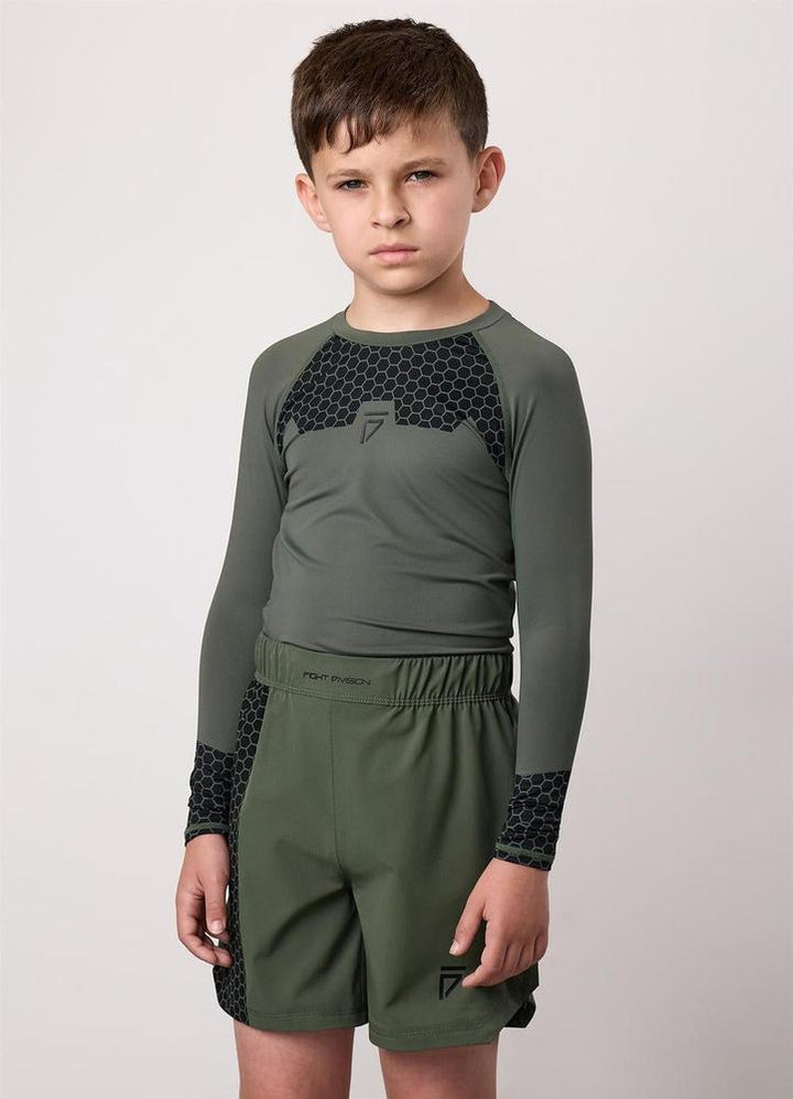 Gym King Fight Division Combat Long Sleeve Kids Rash Guard - Deep Olive-Gym King