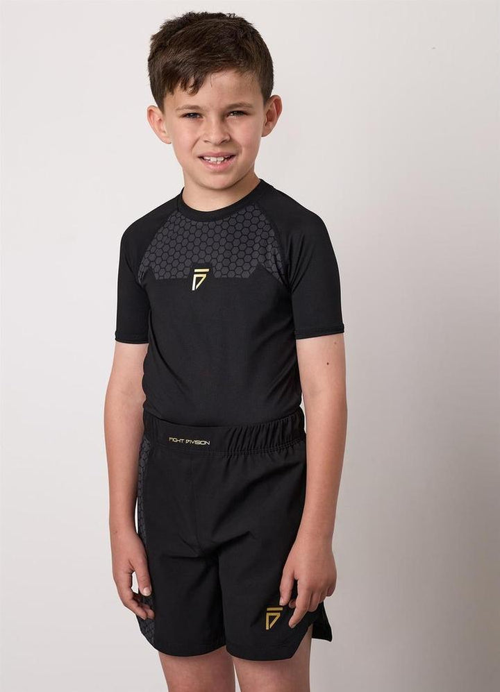 Gym King Fight Division Combat Short Sleeve Kids Rash Guard - Black-Gym King
