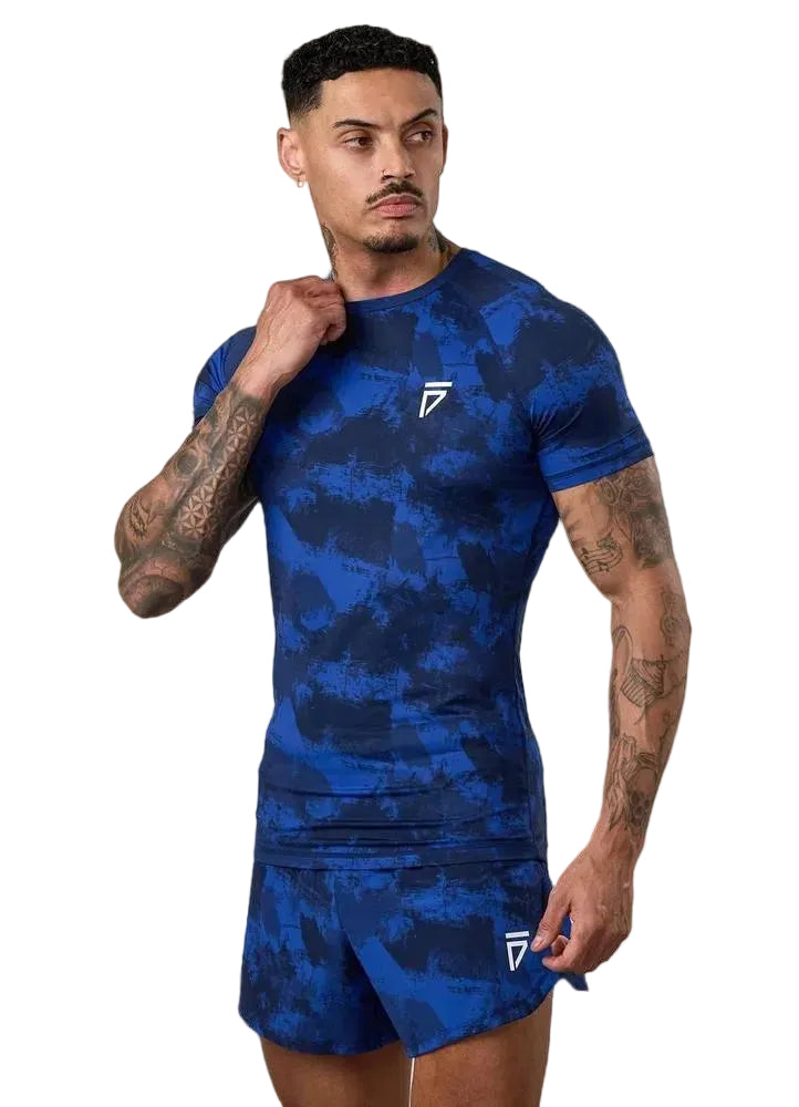 Gym King Fight Division Short Sleeve Rash Guard - Blue Abstract Print-Gym King