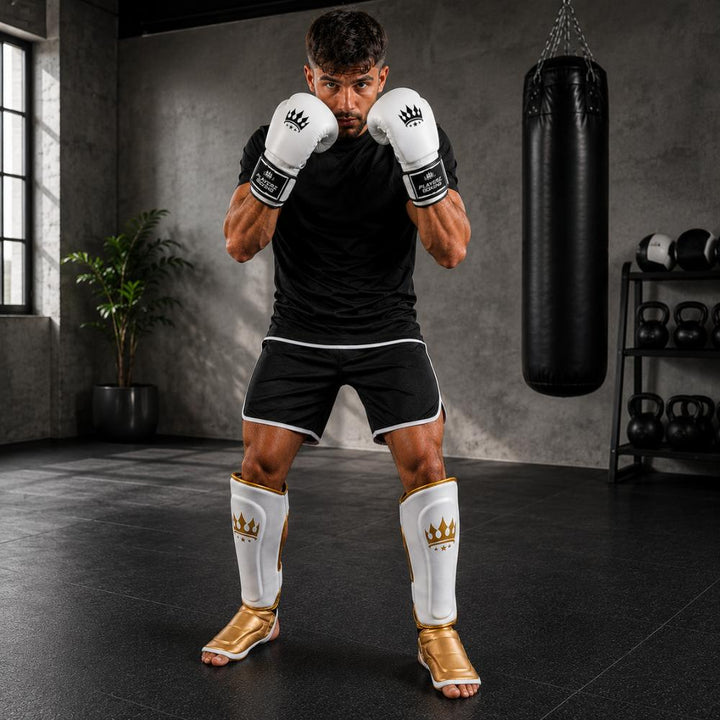 Playerz Power Shin Guards - White/Gold-Playerz Boxing