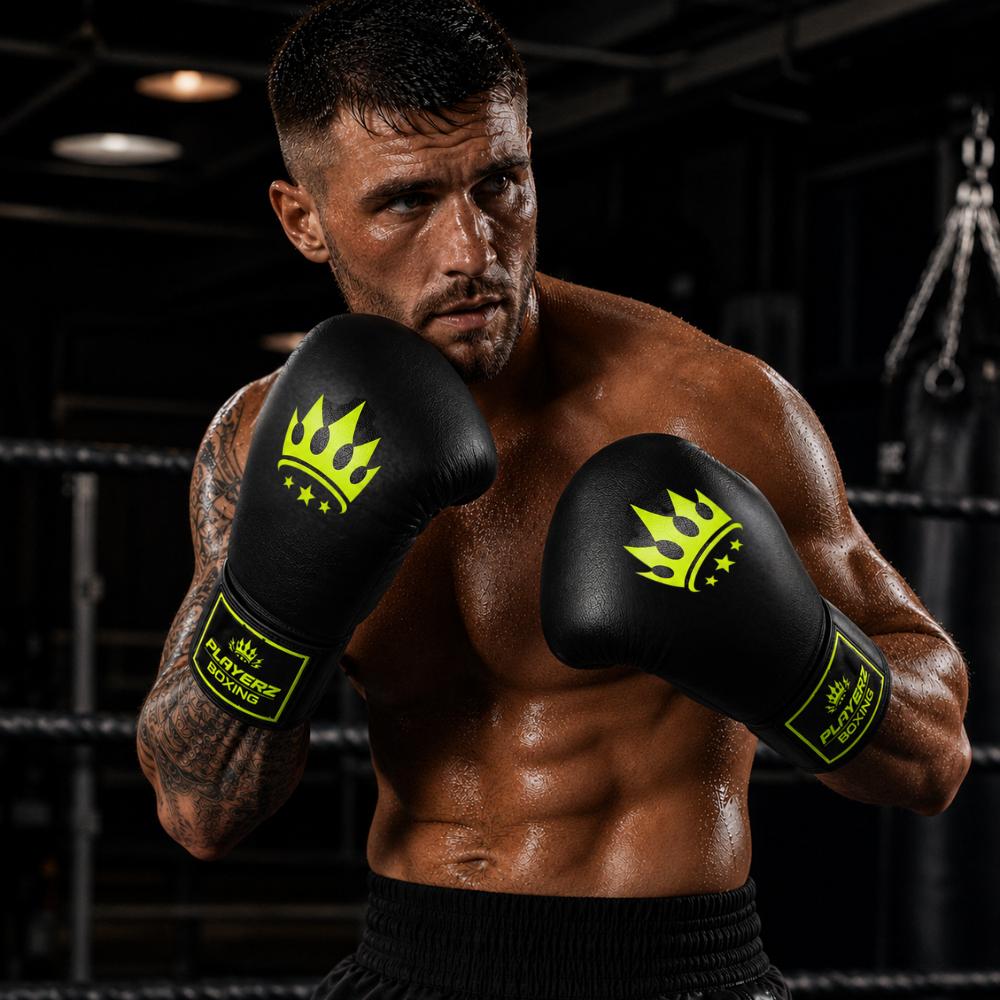 Playerz SparTech Lace Boxing Gloves - Black/Neon-Playerz Boxing