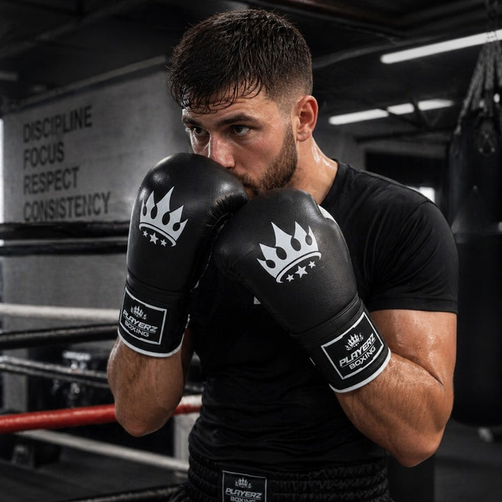 Playerz SparTech Lace Boxing Gloves - Black/White-Playerz Boxing
