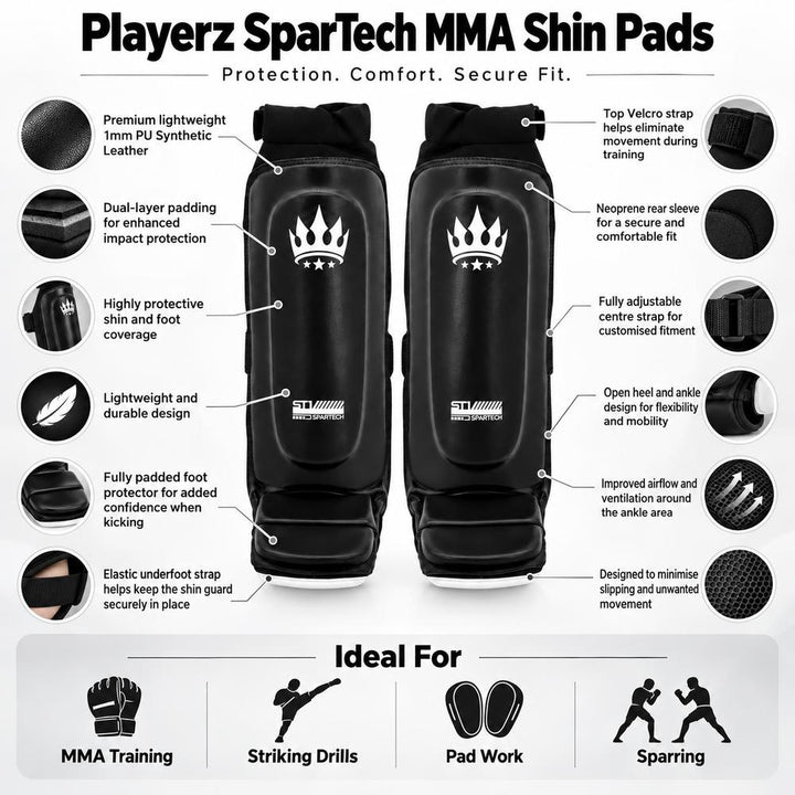 Playerz SparTech MMA Shin Guard - Black/White-Playerz Boxing