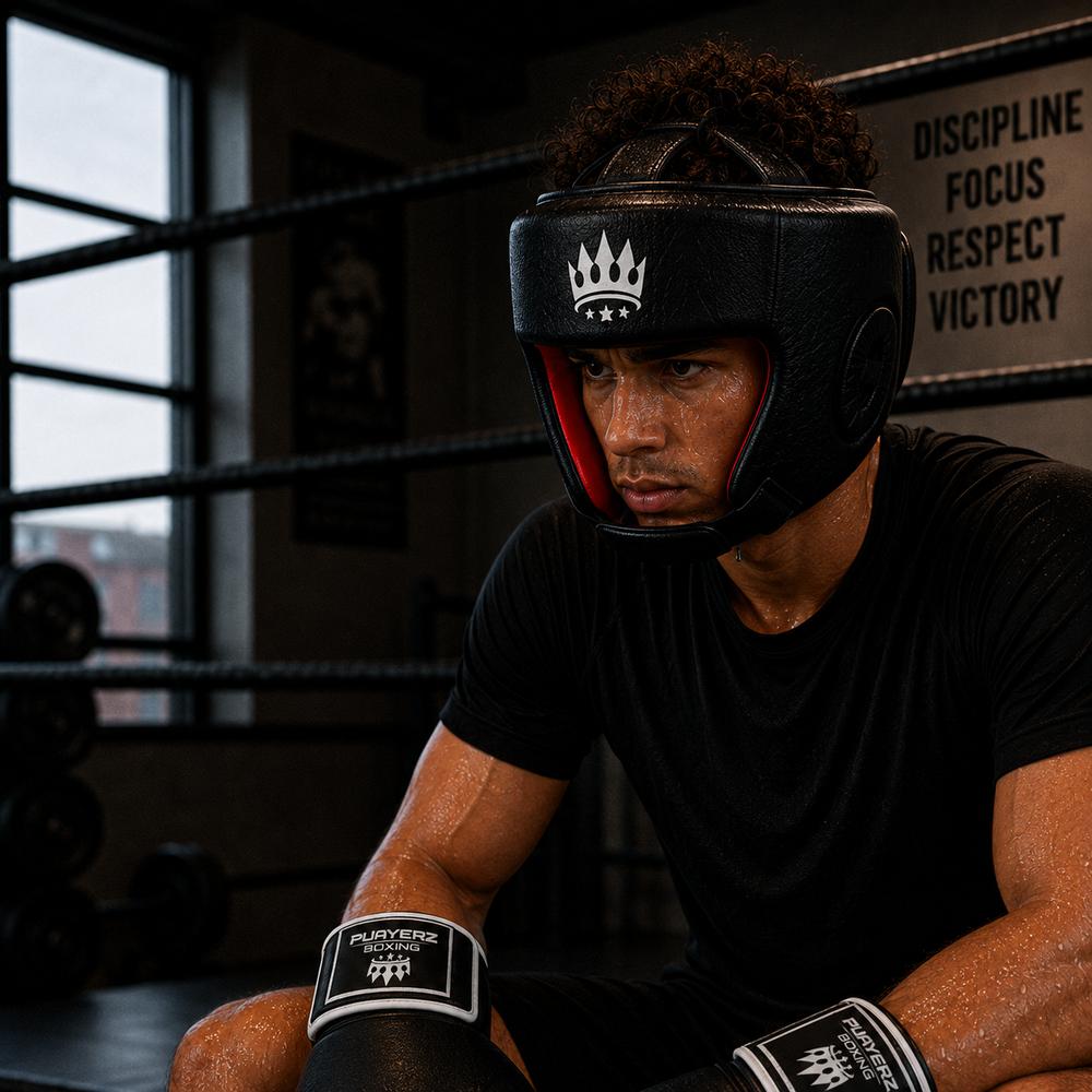 Playerz SparTech Open Face Head Guard - Black/White-Playerz Boxing