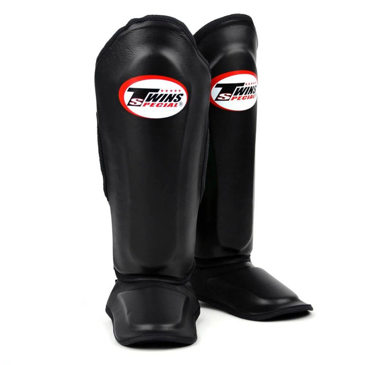 Twins Double Padded Leather Shin Guards - Black-Twins