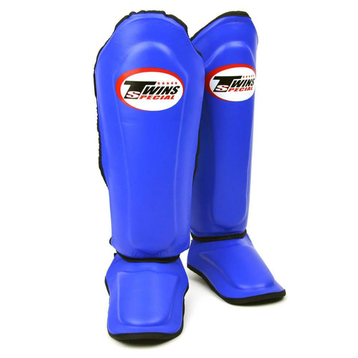 Twins Double Padded Leather Shin Guards - Blue-Twins