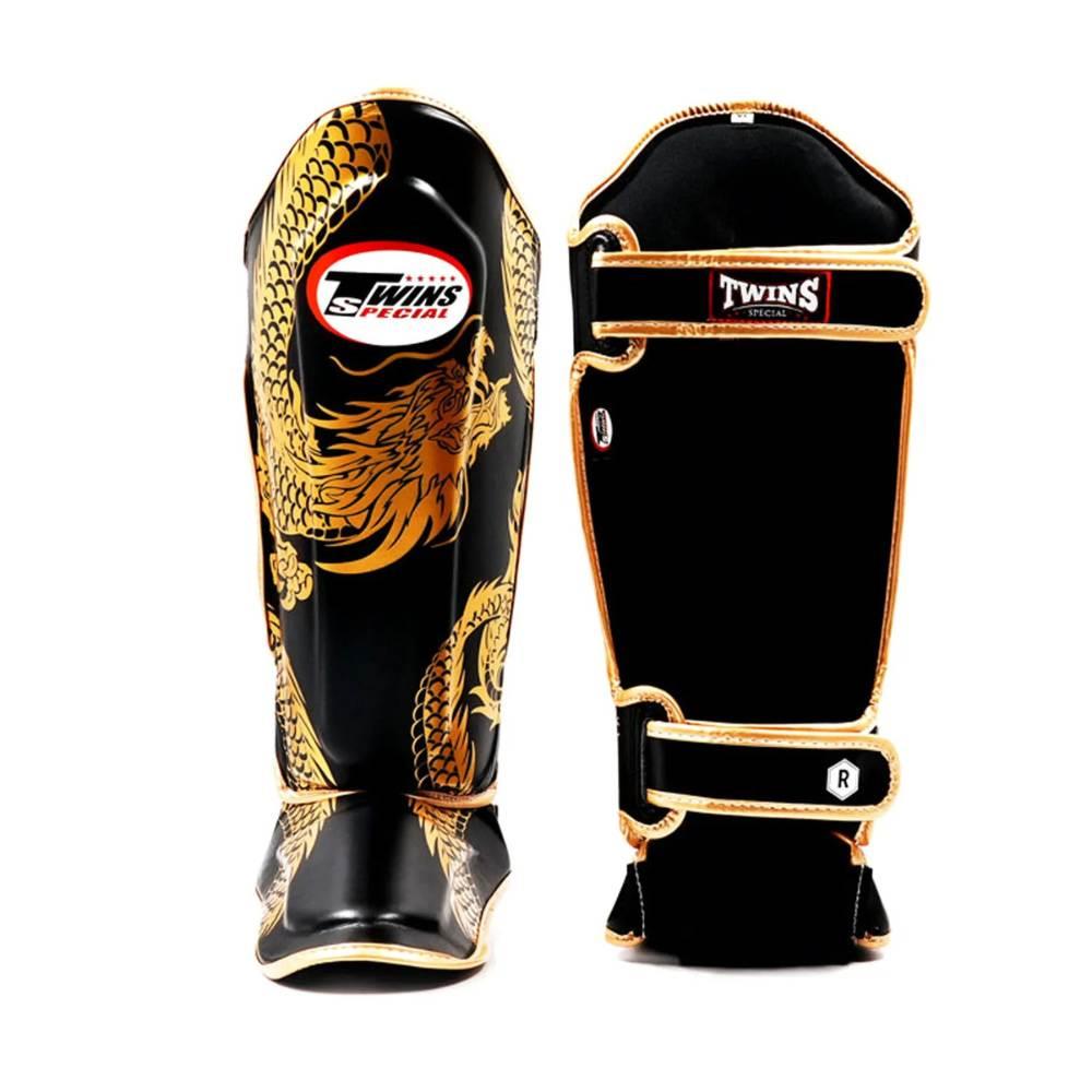 Twins Double Padded Leather Shin Guards - Dragon Black/Gold-Twins