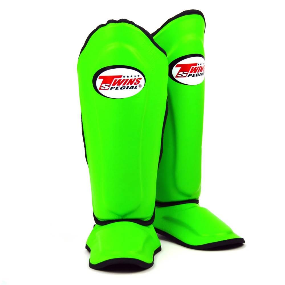 Twins Double Padded Leather Shin Guards - Lime Green-Twins