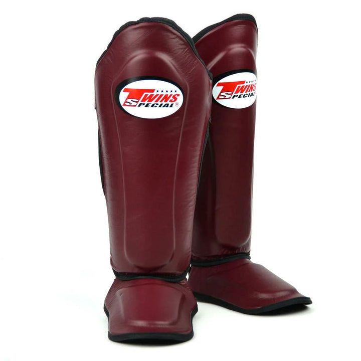 Twins Double Padded Leather Shin Guards - Maroon-Twins
