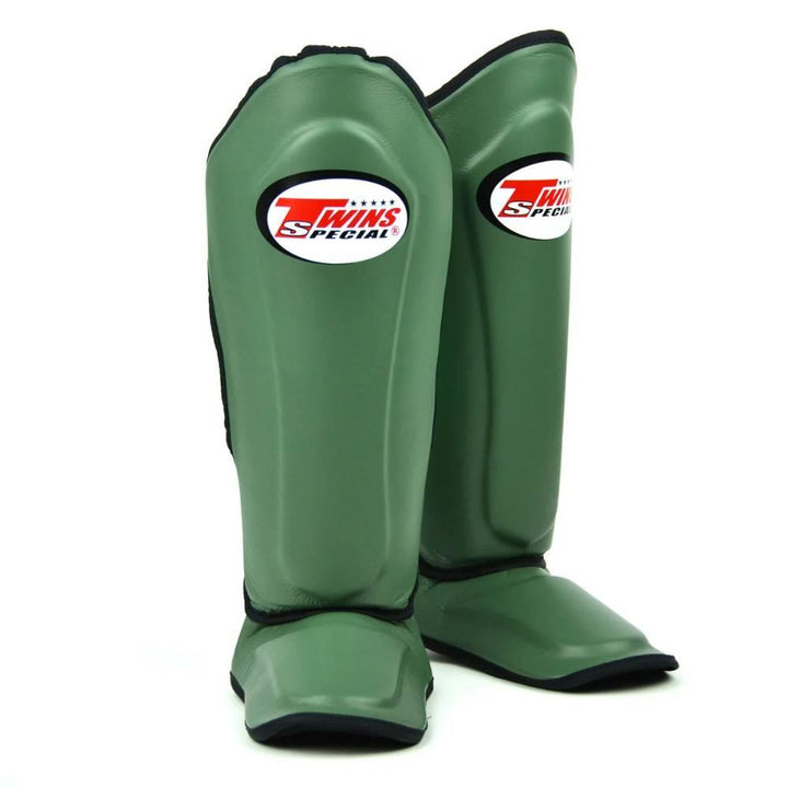 Twins Double Padded Leather Shin Guards - Olive Green-Twins