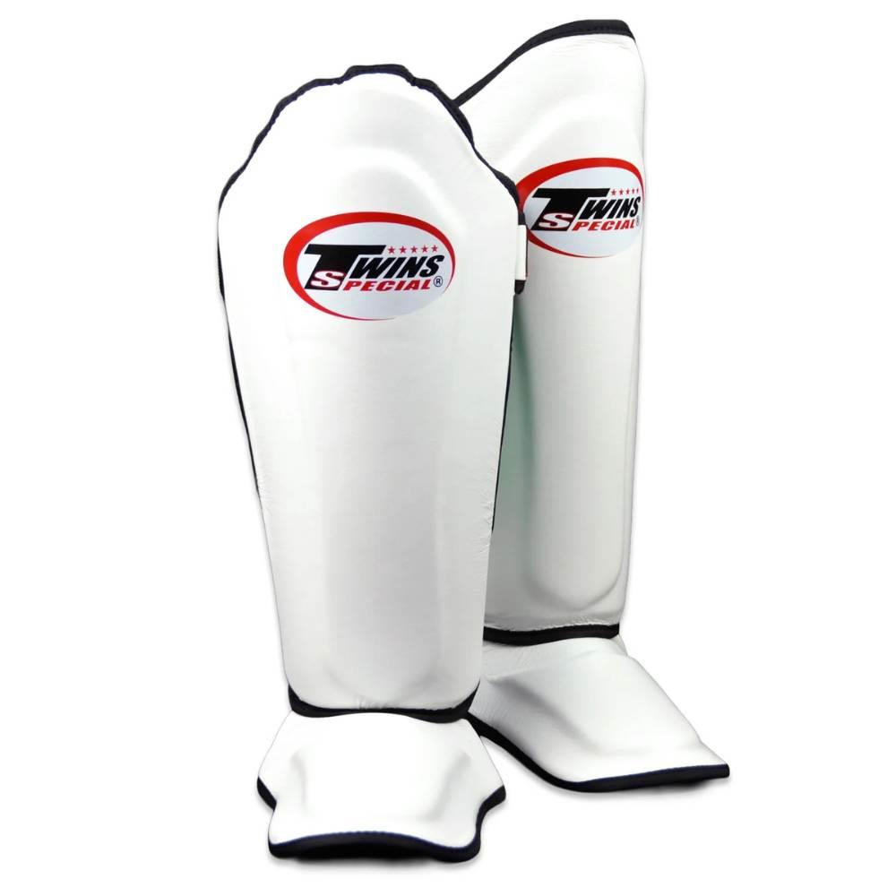 Twins Double Padded Leather Shin Guards - White-Twins