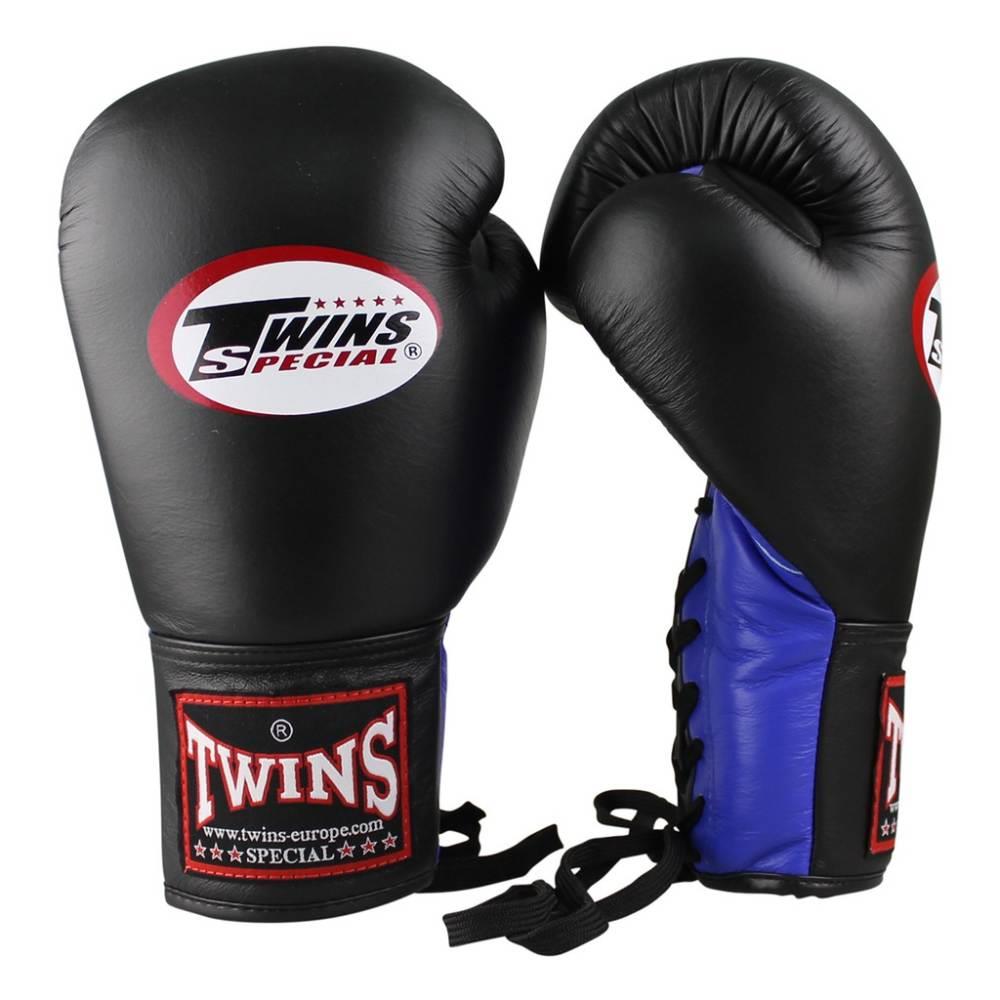 Twins Lace Up Boxing Gloves - Black/Blue-Twins