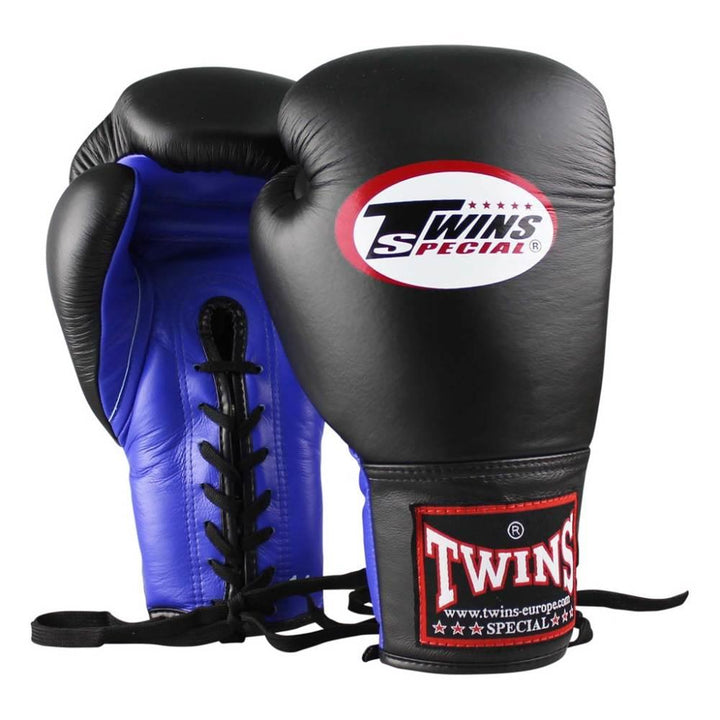 Twins Lace Up Boxing Gloves - Black/Blue-Twins